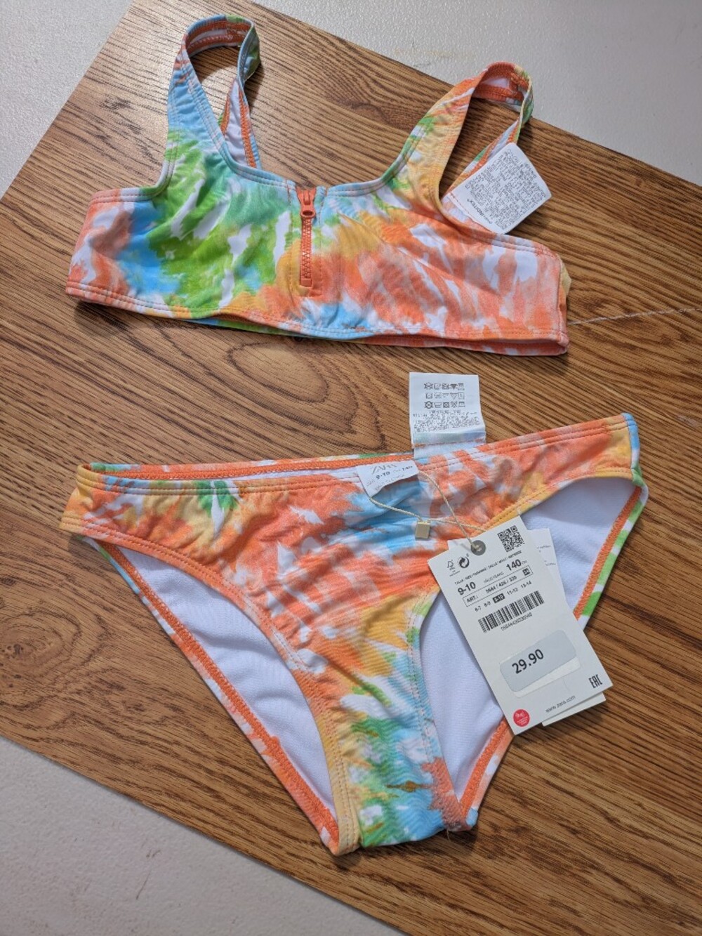 ZARA Girls' Tie-Dye Zip Front Swim Set - Orange, Green & Blue